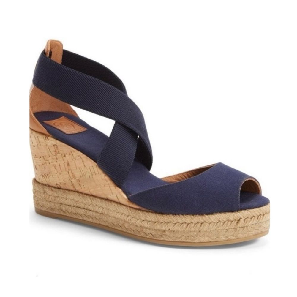 Tory Burch Wedges Navy Peep Toe Espadrille
